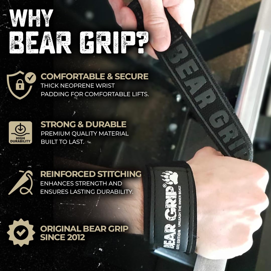 BEAR GRIP Straps - Premium Neoprene Padded Heavy Duty Double Stitched Weight Lifting Gym Straps, Deadlift, Gym Accessories for Men and Women, Advanced Gel Grip, 100% cotton, Extra long length