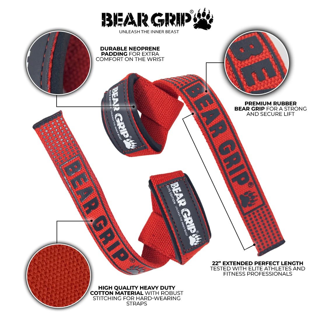 BEAR GRIP Straps - Premium Neoprene Padded Heavy Duty Double Stitched Weight Lifting Gym Straps, Deadlift, Gym Accessories for Men and Women, Advanced Gel Grip, 100% cotton, Extra long length