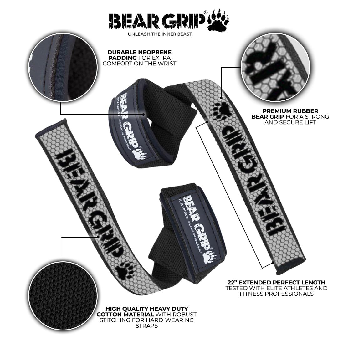 BEAR GRIP Straps - Premium Neoprene Padded Heavy Duty Double Stitched Weight Lifting Gym Straps, Deadlift, Gym Accessories for Men and Women, Advanced Gel Grip, 100% cotton, Extra long length