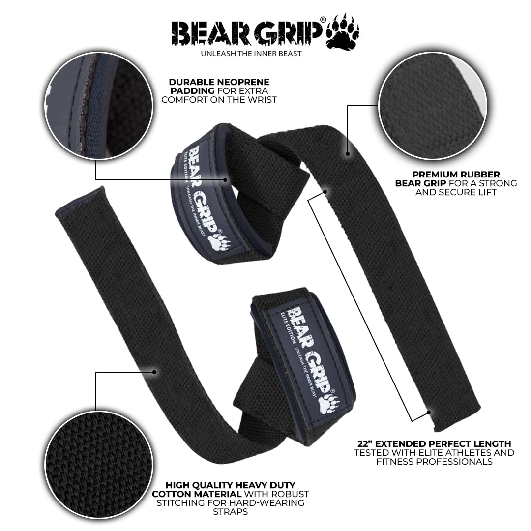 BEAR GRIP Straps - Premium Neoprene Padded Heavy Duty Double Stitched Weight Lifting Gym Straps, Deadlift, Gym Accessories for Men and Women, Advanced Gel Grip, 100% cotton, Extra long length
