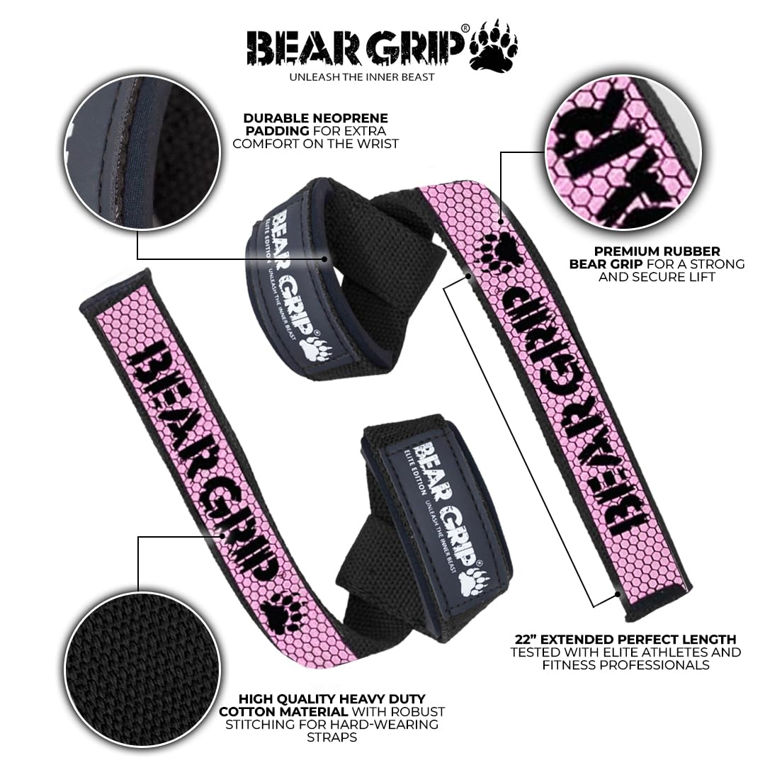 BEAR GRIP Straps - Premium Neoprene Padded Heavy Duty Double Stitched Weight Lifting Gym Straps, Deadlift, Gym Accessories for Men and Women, Advanced Gel Grip, 100% cotton, Extra long length