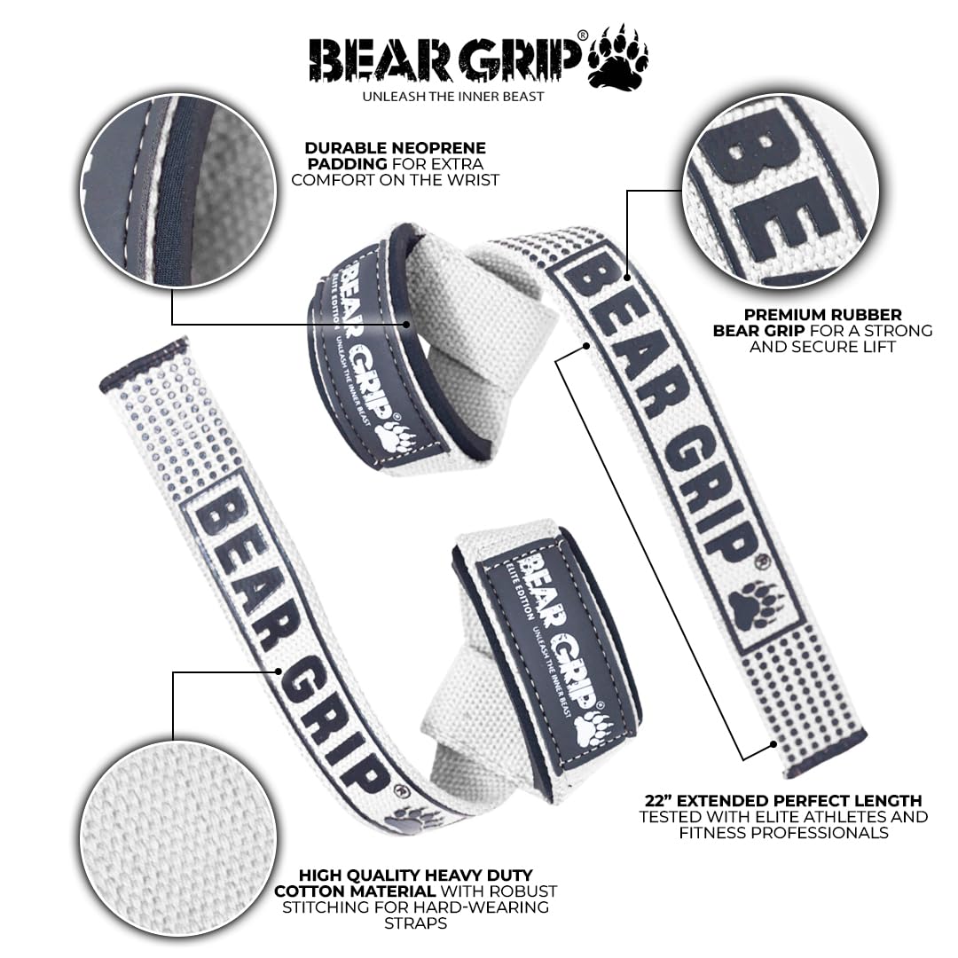 BEAR GRIP Straps - Premium Neoprene Padded Heavy Duty Double Stitched Weight Lifting Gym Straps, Deadlift, Gym Accessories for Men and Women, Advanced Gel Grip, 100% cotton, Extra long length