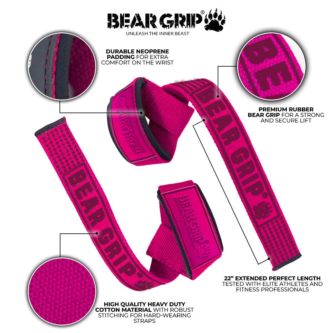 BEAR GRIP Straps - Premium Neoprene Padded Heavy Duty Double Stitched Weight Lifting Gym Straps, Deadlift, Gym Accessories for Men and Women, Advanced Gel Grip, 100% cotton, Extra long length