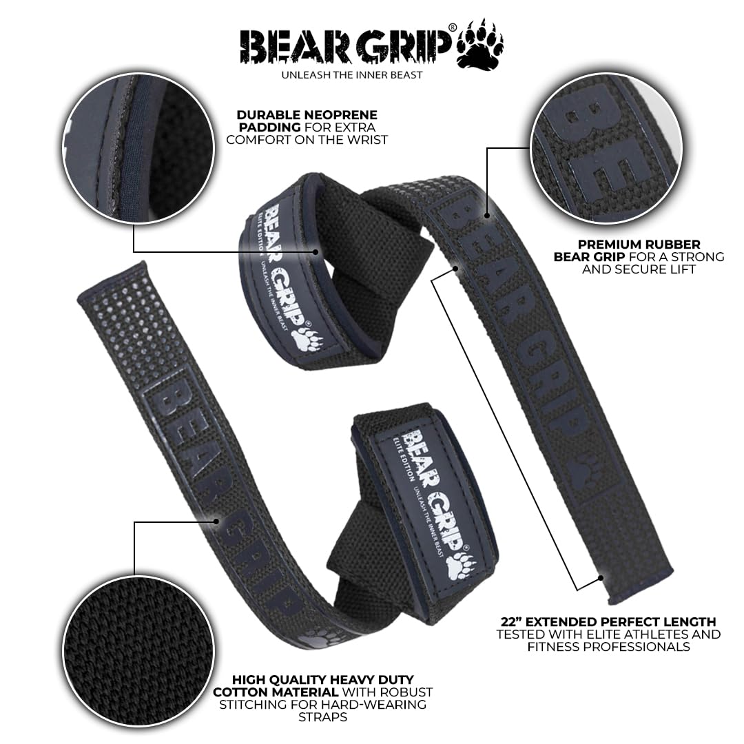 BEAR GRIP Straps - Premium Neoprene Padded Heavy Duty Double Stitched Weight Lifting Gym Straps, Deadlift, Gym Accessories for Men and Women, Advanced Gel Grip, 100% cotton, Extra long length