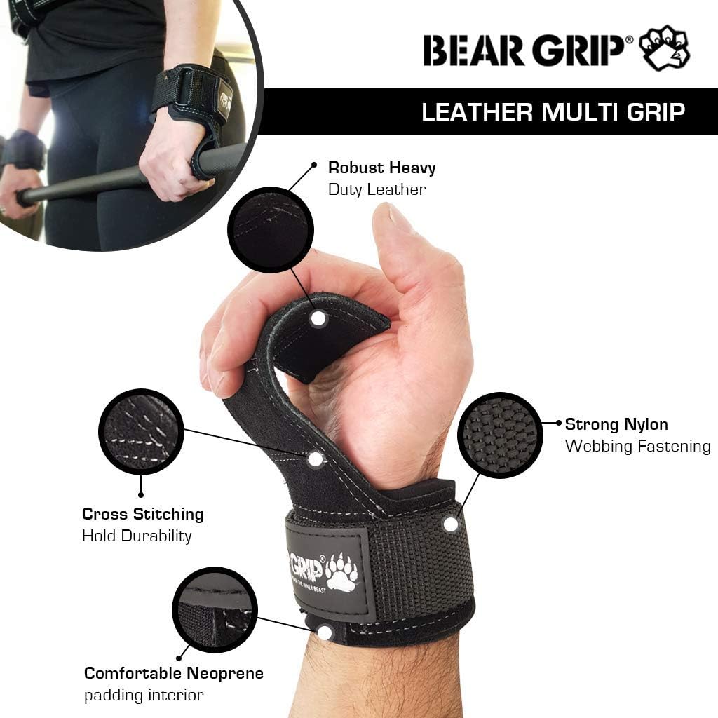 BEAR GRIP Multi Grip Straps/Hooks, Premium Heavy duty weight lifting straps/gloves