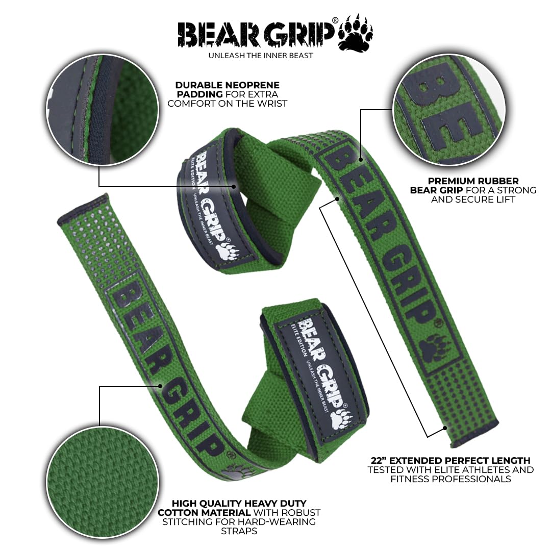 BEAR GRIP Straps - Premium Neoprene Padded Heavy Duty Double Stitched Weight Lifting Gym Straps, Deadlift, Gym Accessories for Men and Women, Advanced Gel Grip, 100% cotton, Extra long length
