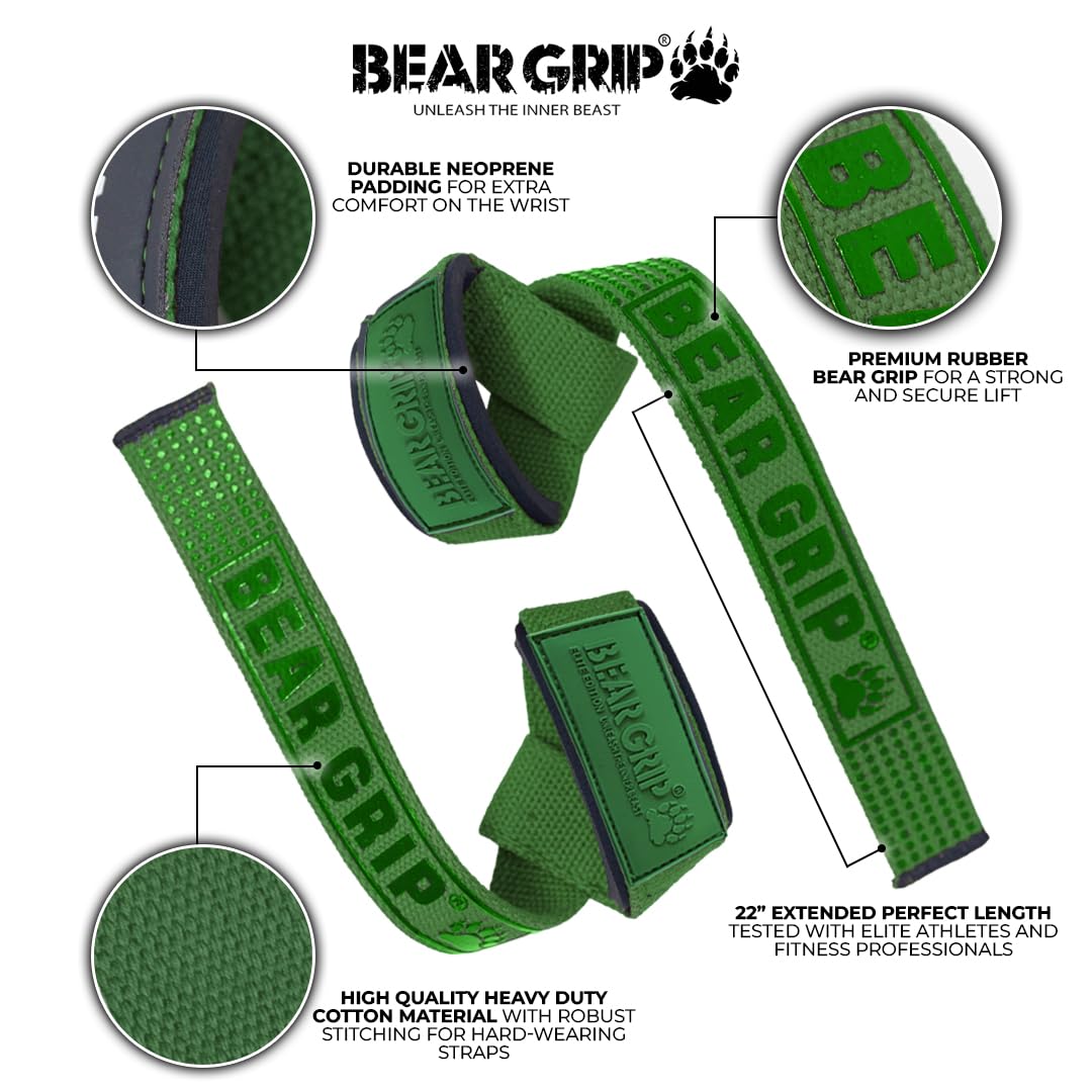 BEAR GRIP Straps - Premium Neoprene Padded Heavy Duty Double Stitched Weight Lifting Gym Straps, Deadlift, Gym Accessories for Men and Women, Advanced Gel Grip, 100% cotton, Extra long length