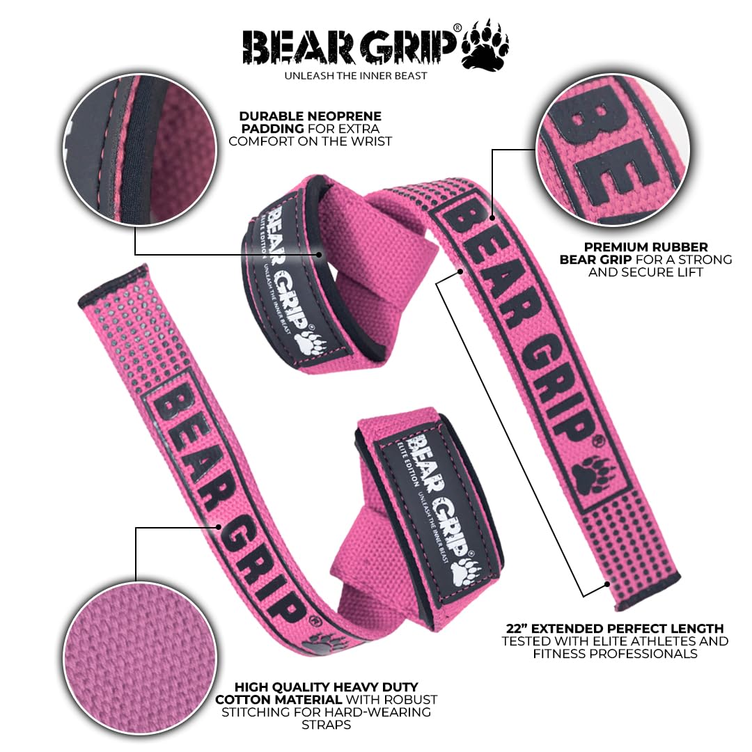 BEAR GRIP Straps - Premium Neoprene Padded Heavy Duty Double Stitched Weight Lifting Gym Straps, Deadlift, Gym Accessories for Men and Women, Advanced Gel Grip, 100% cotton, Extra long length