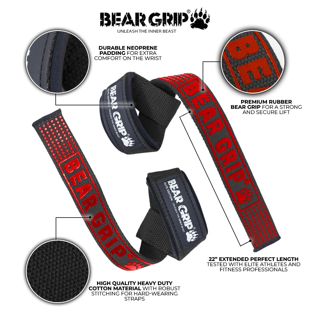 BEAR GRIP Straps - Premium Neoprene Padded Heavy Duty Double Stitched Weight Lifting Gym Straps, Deadlift, Gym Accessories for Men and Women, Advanced Gel Grip, 100% cotton, Extra long length