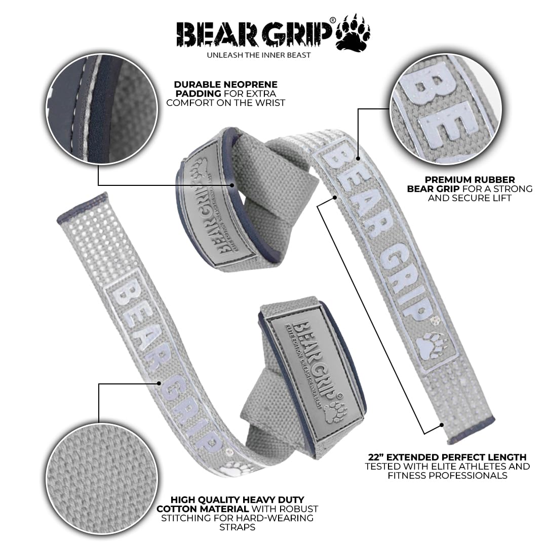 BEAR GRIP Straps - Premium Neoprene Padded Heavy Duty Double Stitched Weight Lifting Gym Straps, Deadlift, Gym Accessories for Men and Women, Advanced Gel Grip, 100% cotton, Extra long length