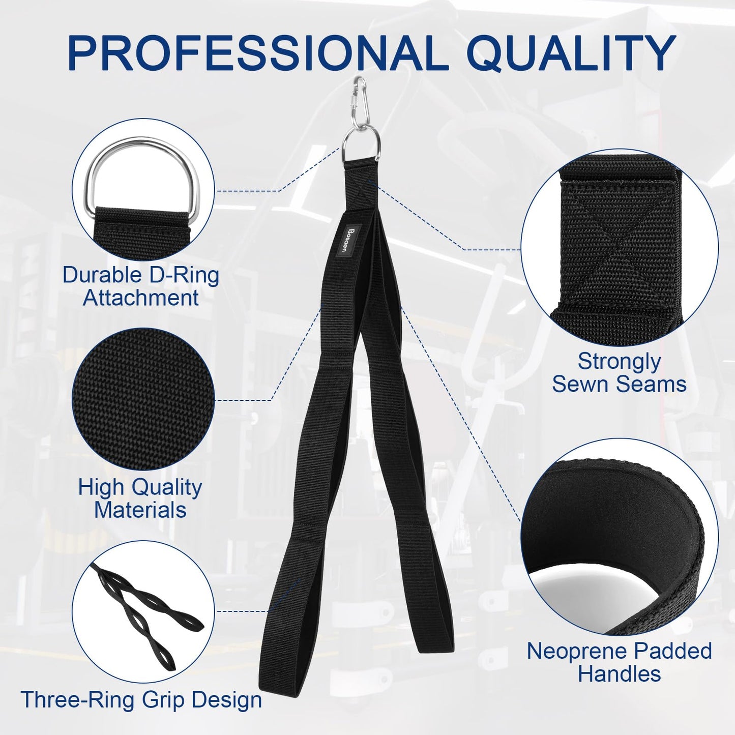 Bosaen Tricep Rope Cable Attachment, 3 Lengths of Handles in 1 Rope for Greater Range of Motion, Tricep Pull Down Rope for Push Downs, Crunches, Facepulls, Cable Overhead Presses for Professional Gym