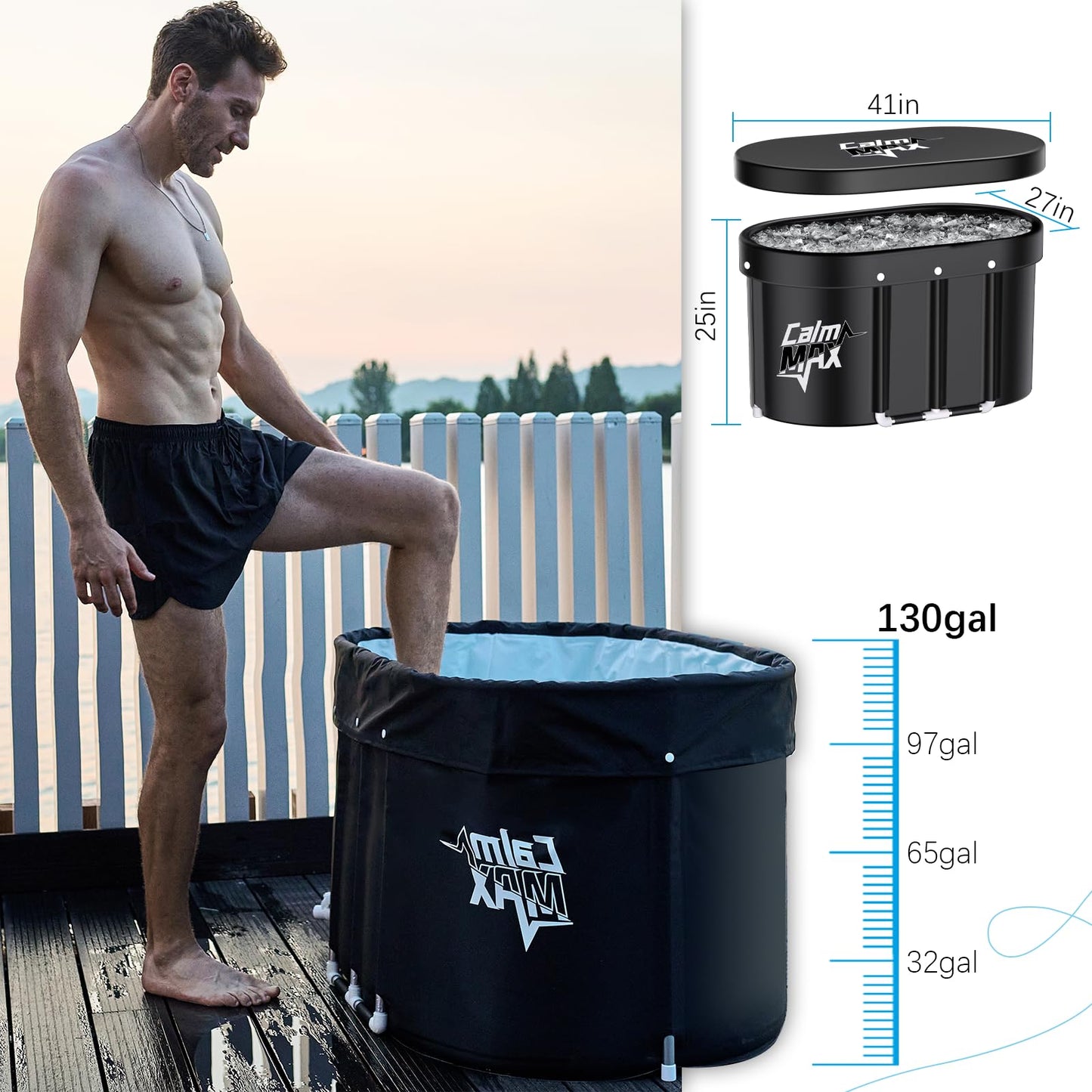CalmMax Oval Ice Bath Tub with Lid for Athletes 492L Portable Cold Plunge Tub for Cold Water Therapy 5 Layers Ice Baths at Home Outdoor Gym - 105cm Long