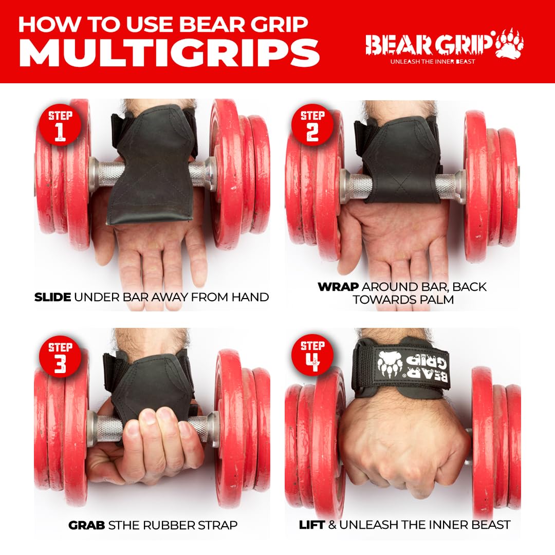 BEAR GRIP Multi Grip Straps/Hooks, Premium Heavy duty weight lifting straps/gloves