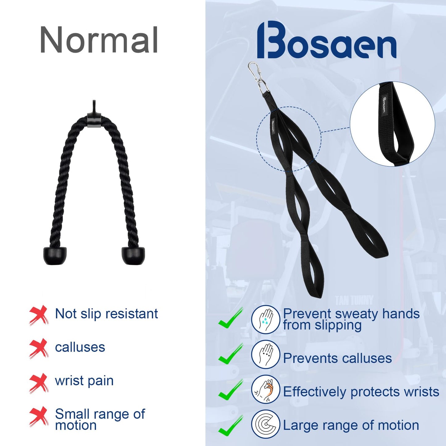 Bosaen Tricep Rope Cable Attachment, 3 Lengths of Handles in 1 Rope for Greater Range of Motion, Tricep Pull Down Rope for Push Downs, Crunches, Facepulls, Cable Overhead Presses for Professional Gym