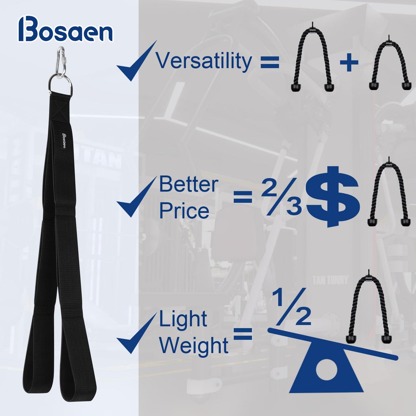 Bosaen Tricep Rope Cable Attachment, 3 Lengths of Handles in 1 Rope for Greater Range of Motion, Tricep Pull Down Rope for Push Downs, Crunches, Facepulls, Cable Overhead Presses for Professional Gym