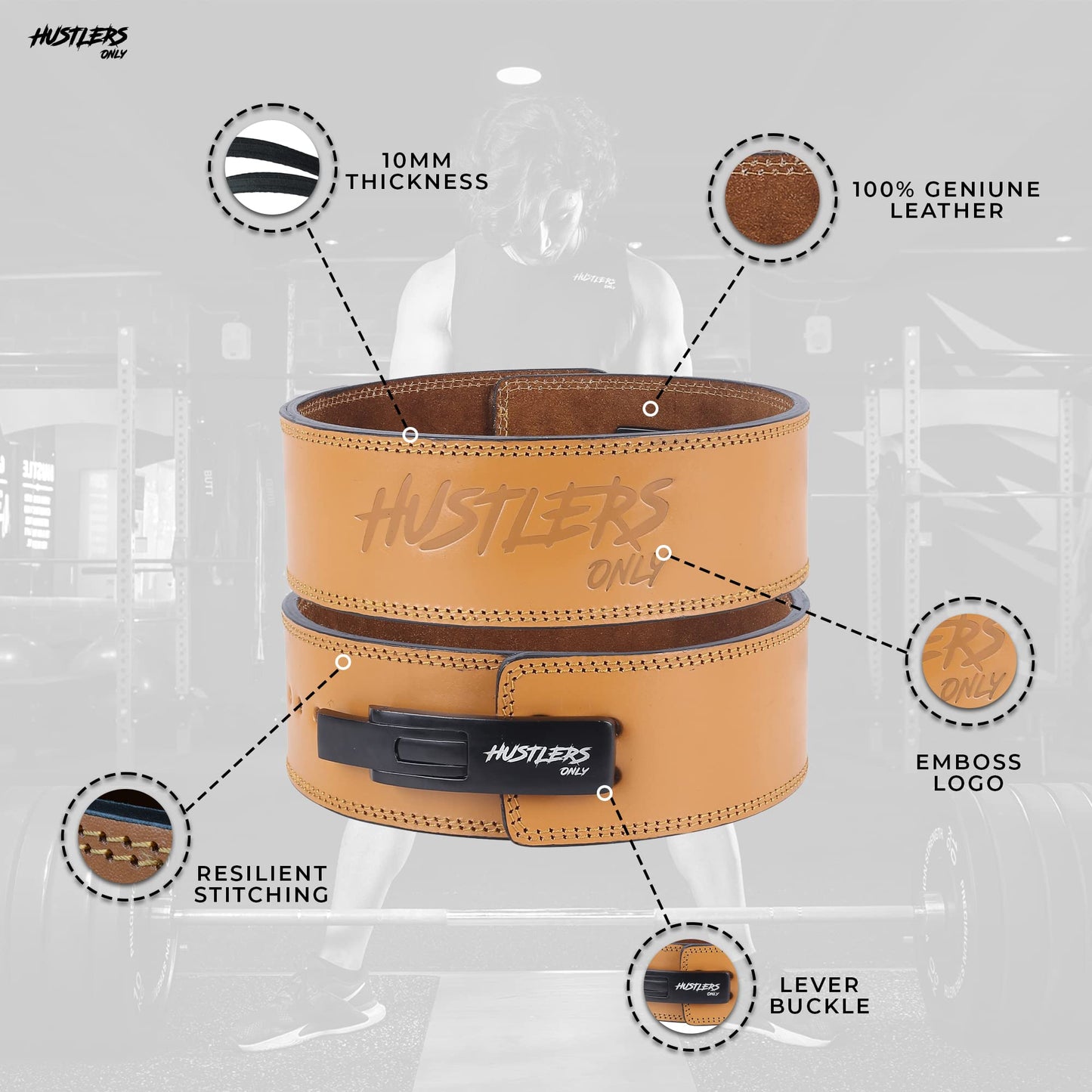 Hustlers Only Weight Lifting Belt with Lever Buckle Genuine Leather Gym Belt for Deadlift, Power Lifting, Bodybuilding, Workout Belt 10mm thickness for Back Support, Lifting Belt for Men and Women