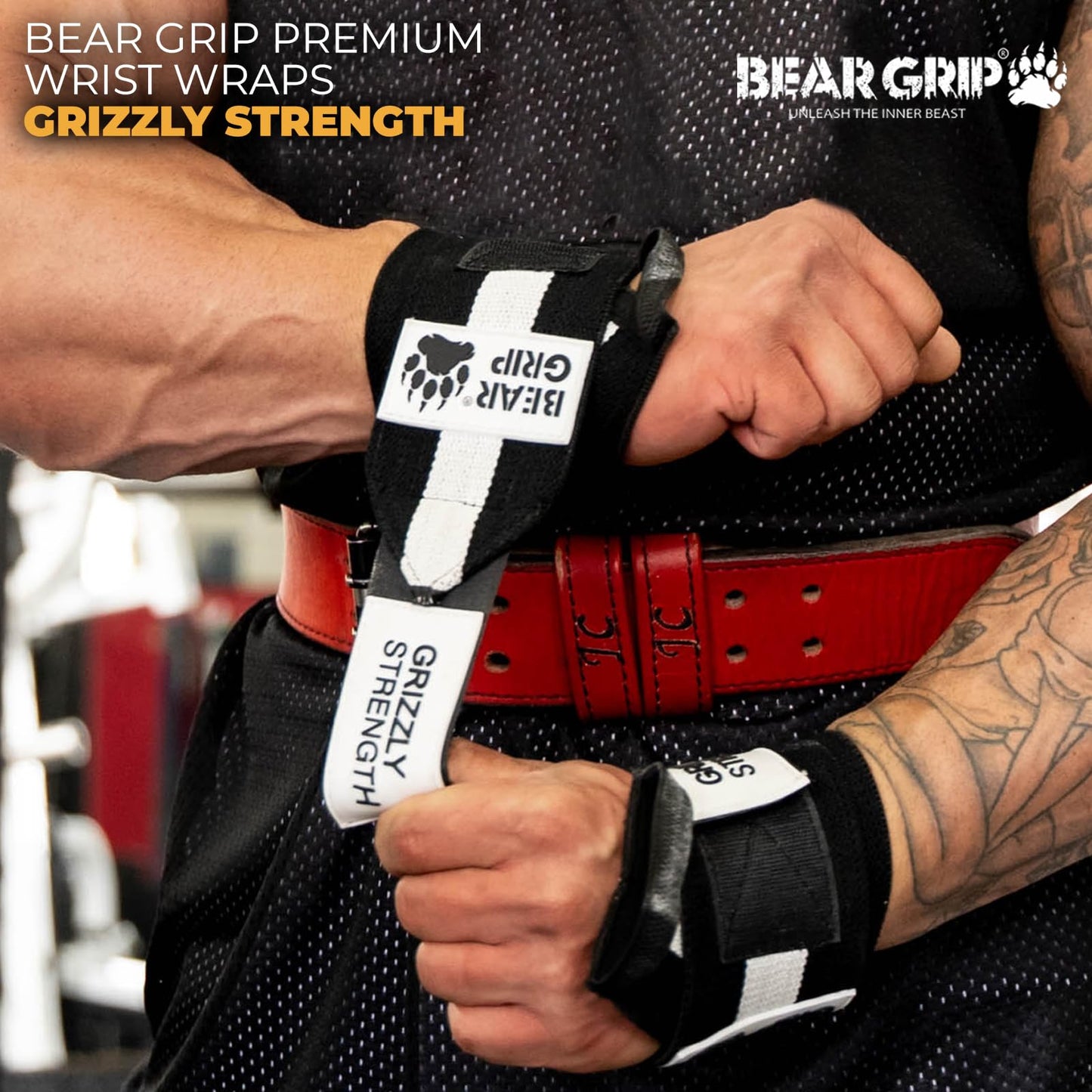 BEAR GRIP - Premium Heavy Duty Weight Lifting Wrist Wraps, Bodybuilding, Crossfit, Powerlifting, StrongMan
