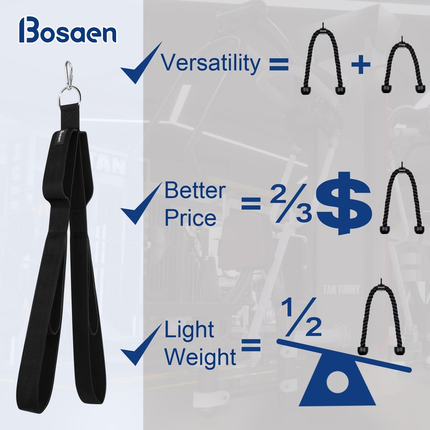 Bosaen Tricep Rope Cable Attachment, 3 Lengths of Handles in 1 Rope for Greater Range of Motion, Tricep Pull Down Rope for Push Downs, Crunches, Facepulls, Cable Overhead Presses for Professional Gym