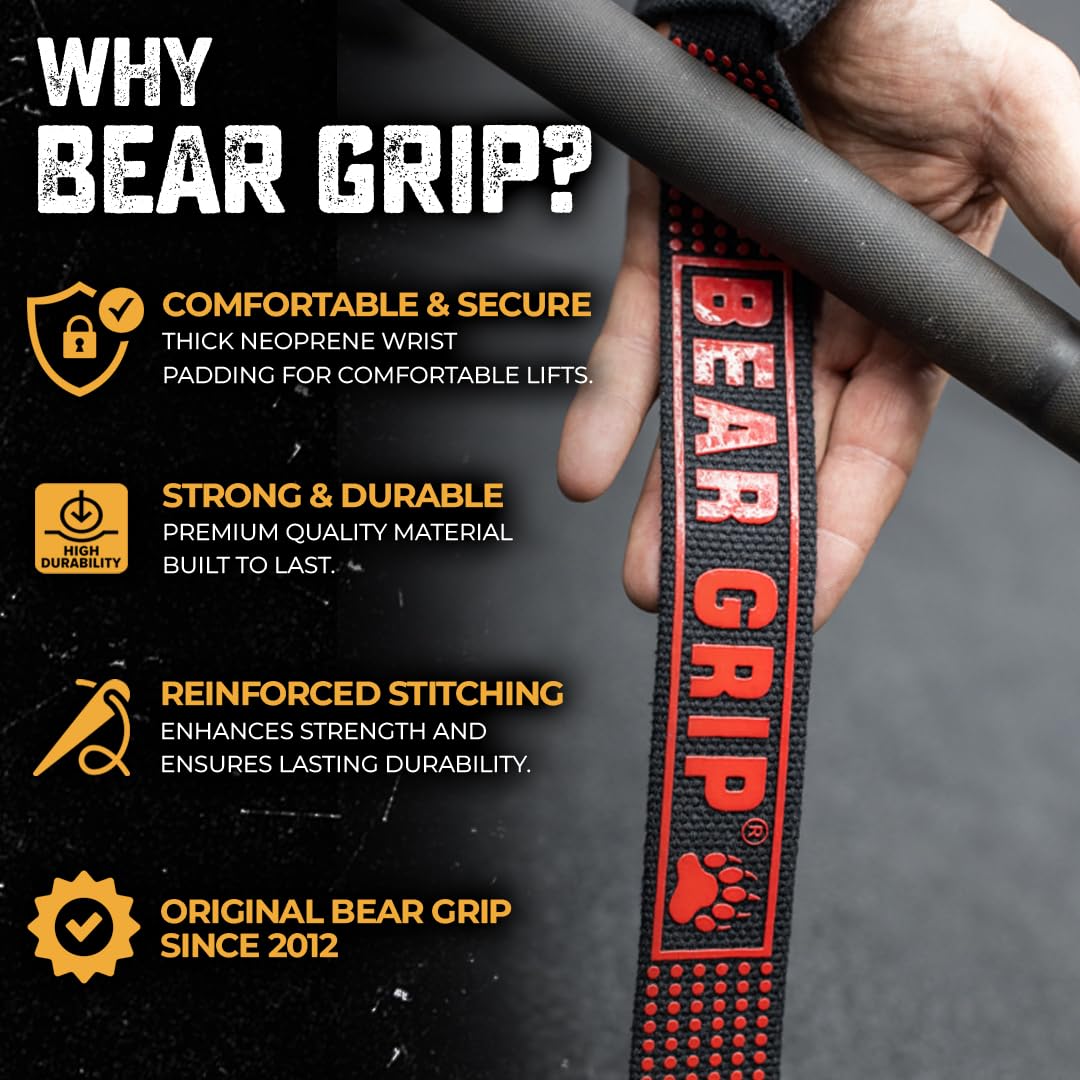 BEAR GRIP Straps - Premium Neoprene Padded Heavy Duty Double Stitched Weight Lifting Gym Straps, Deadlift, Gym Accessories for Men and Women, Advanced Gel Grip, 100% cotton, Extra long length