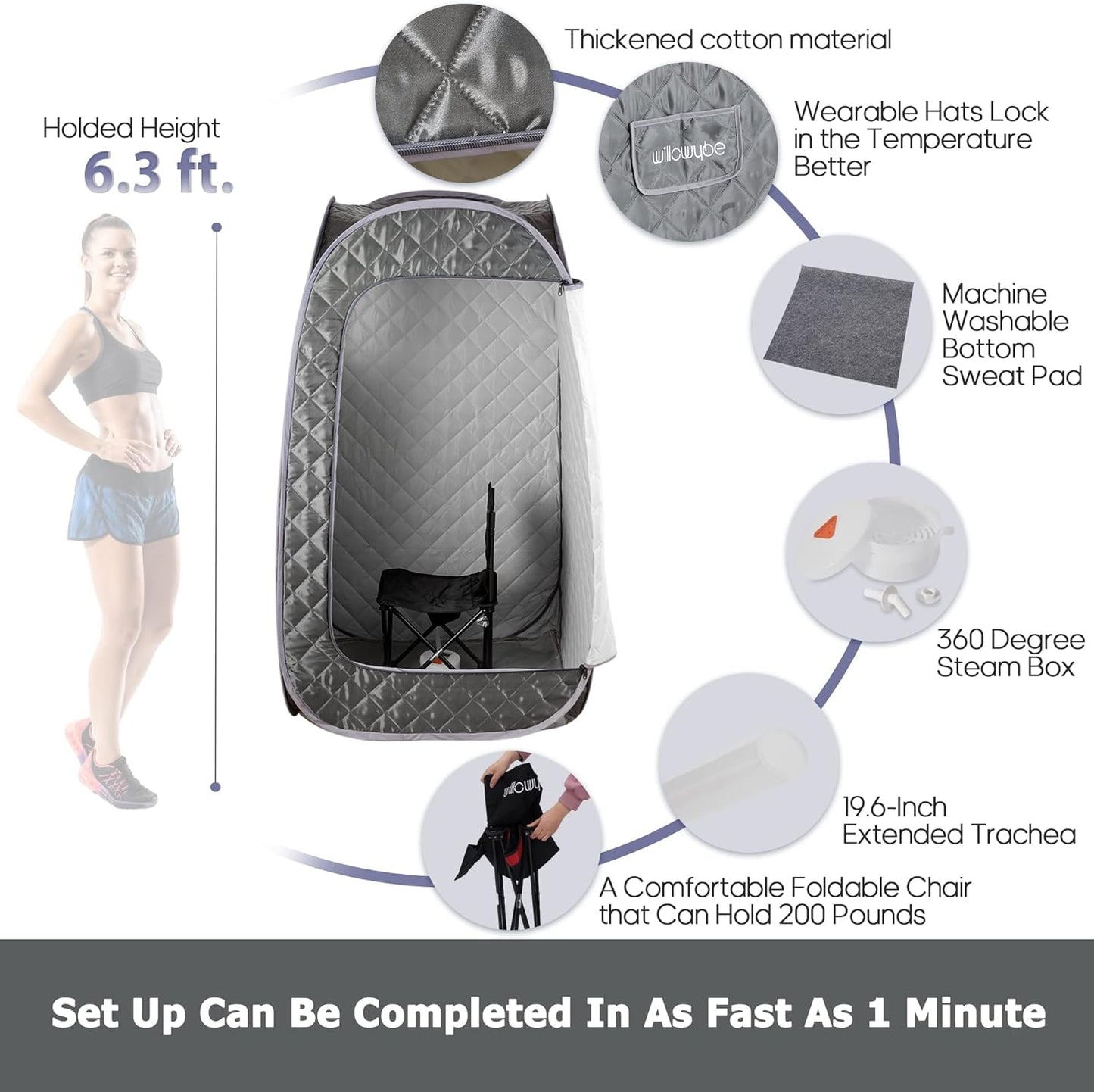WILLOWYBE Portable Steam Sauna with Bluetooth Control, Steamer, Body Tent, Foldable Chair | Personal Home Spa