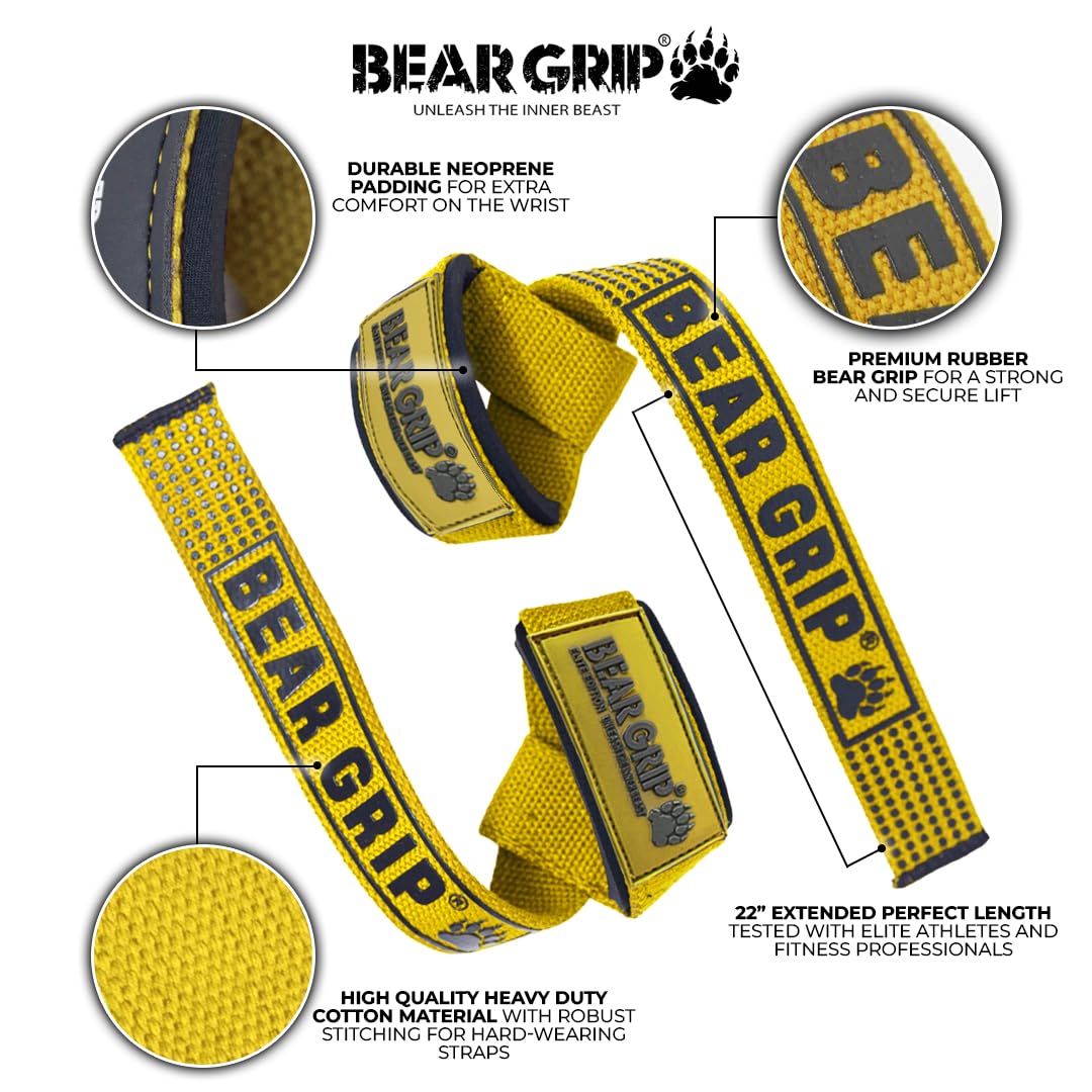 BEAR GRIP Straps - Premium Neoprene Padded Heavy Duty Double Stitched Weight Lifting Gym Straps, Deadlift, Gym Accessories for Men and Women, Advanced Gel Grip, 100% cotton, Extra long length
