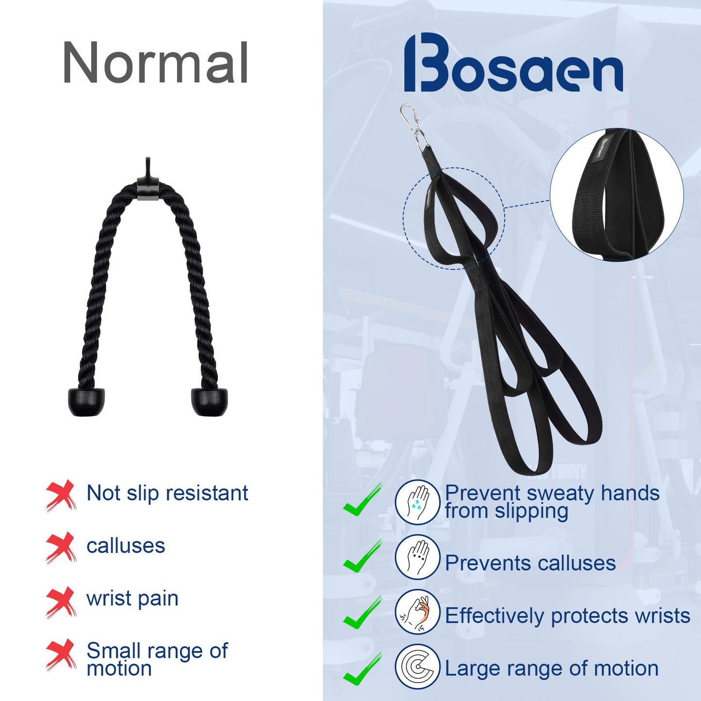 Bosaen Tricep Rope Cable Attachment, 3 Lengths of Handles in 1 Rope for Greater Range of Motion, Tricep Pull Down Rope for Push Downs, Crunches, Facepulls, Cable Overhead Presses for Professional Gym