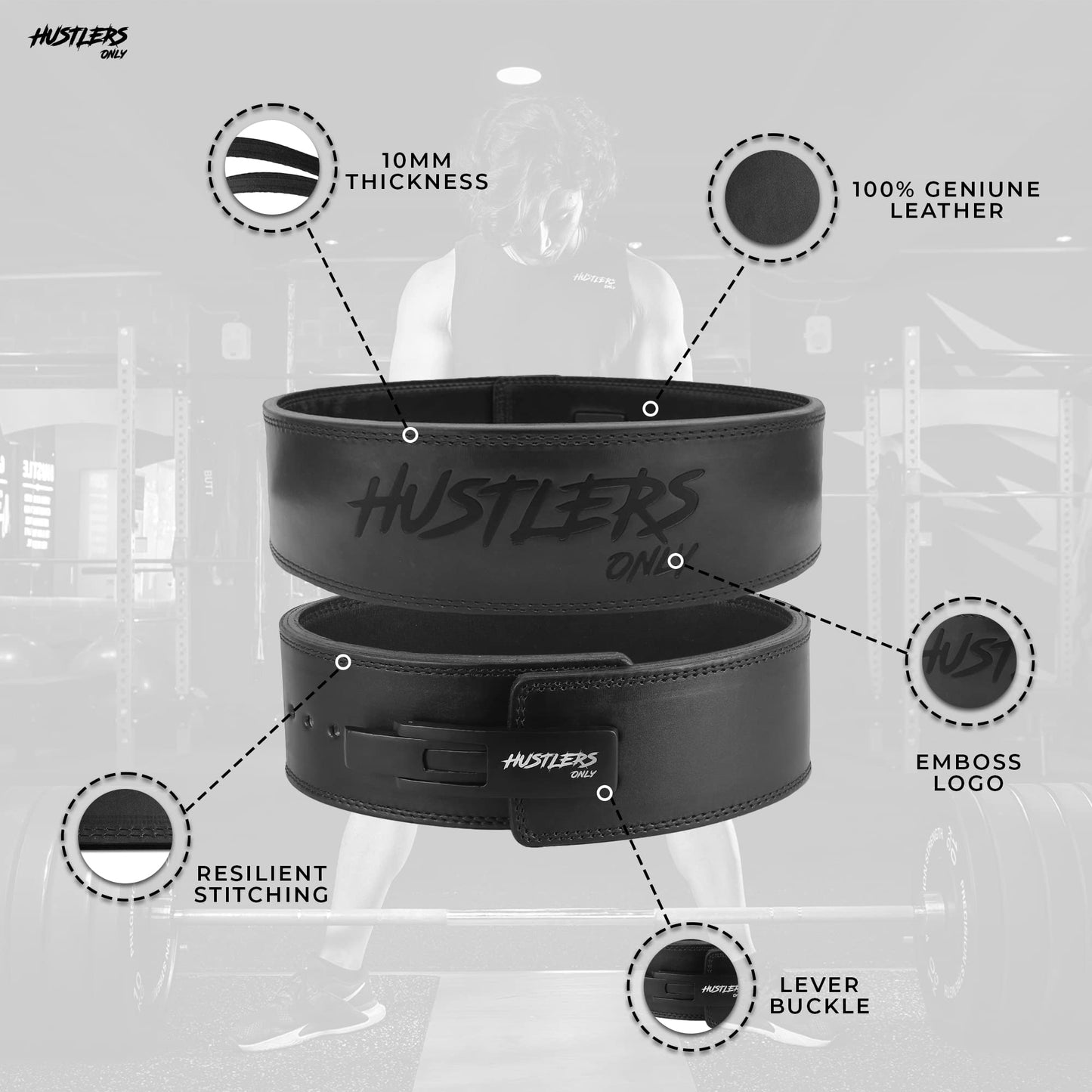Hustlers Only Weight Lifting Belt with Lever Buckle Genuine Leather Gym Belt for Deadlift, Power Lifting, Bodybuilding, Workout Belt 10mm thickness for Back Support, Lifting Belt for Men and Women