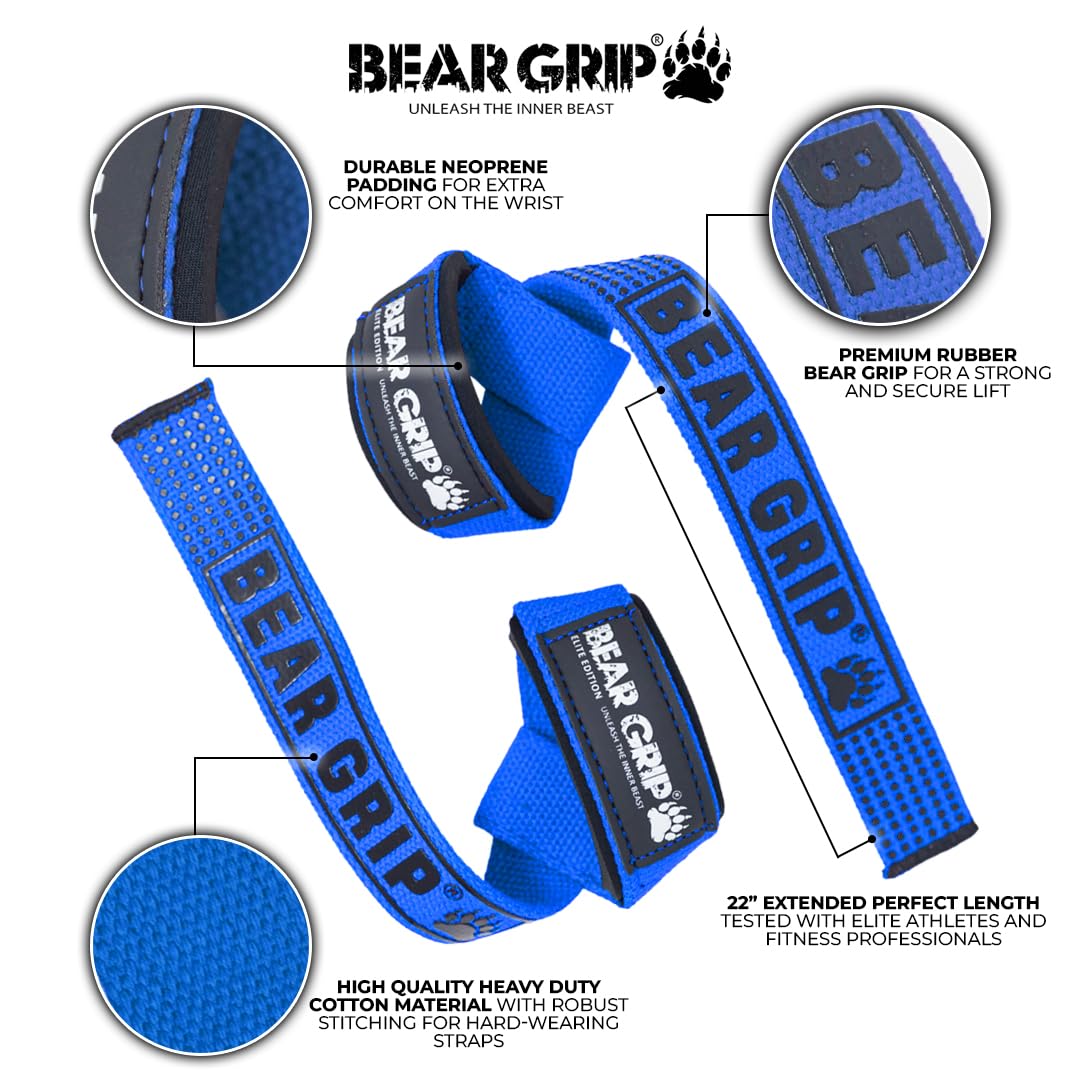 BEAR GRIP Straps - Premium Neoprene Padded Heavy Duty Double Stitched Weight Lifting Gym Straps, Deadlift, Gym Accessories for Men and Women, Advanced Gel Grip, 100% cotton, Extra long length