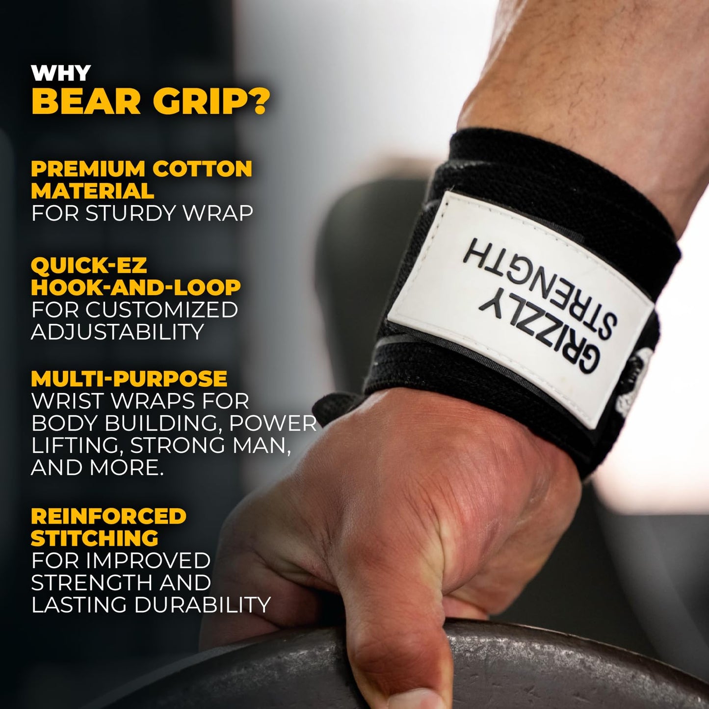 BEAR GRIP - Premium Heavy Duty Weight Lifting Wrist Wraps, Bodybuilding, Crossfit, Powerlifting, StrongMan