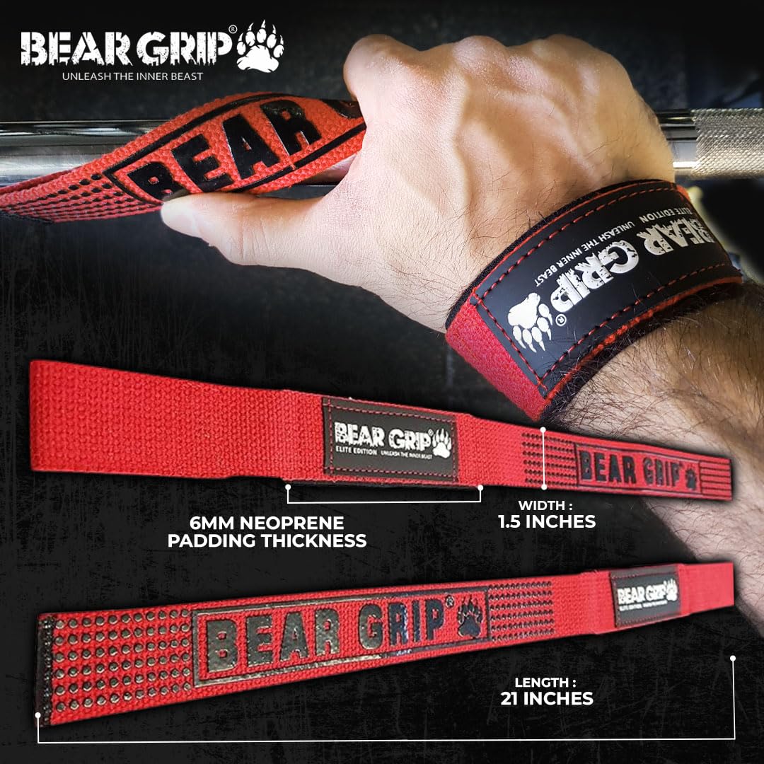 BEAR GRIP Straps - Premium Neoprene Padded Heavy Duty Double Stitched Weight Lifting Gym Straps, Deadlift, Gym Accessories for Men and Women, Advanced Gel Grip, 100% cotton, Extra long length