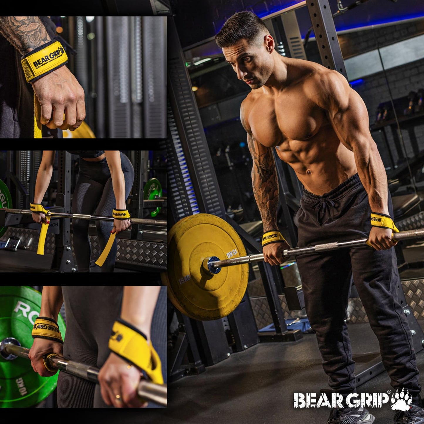 BEAR GRIP Straps - Premium Neoprene Padded Heavy Duty Double Stitched Weight Lifting Gym Straps, Deadlift, Gym Accessories for Men and Women, Advanced Gel Grip, 100% cotton, Extra long length