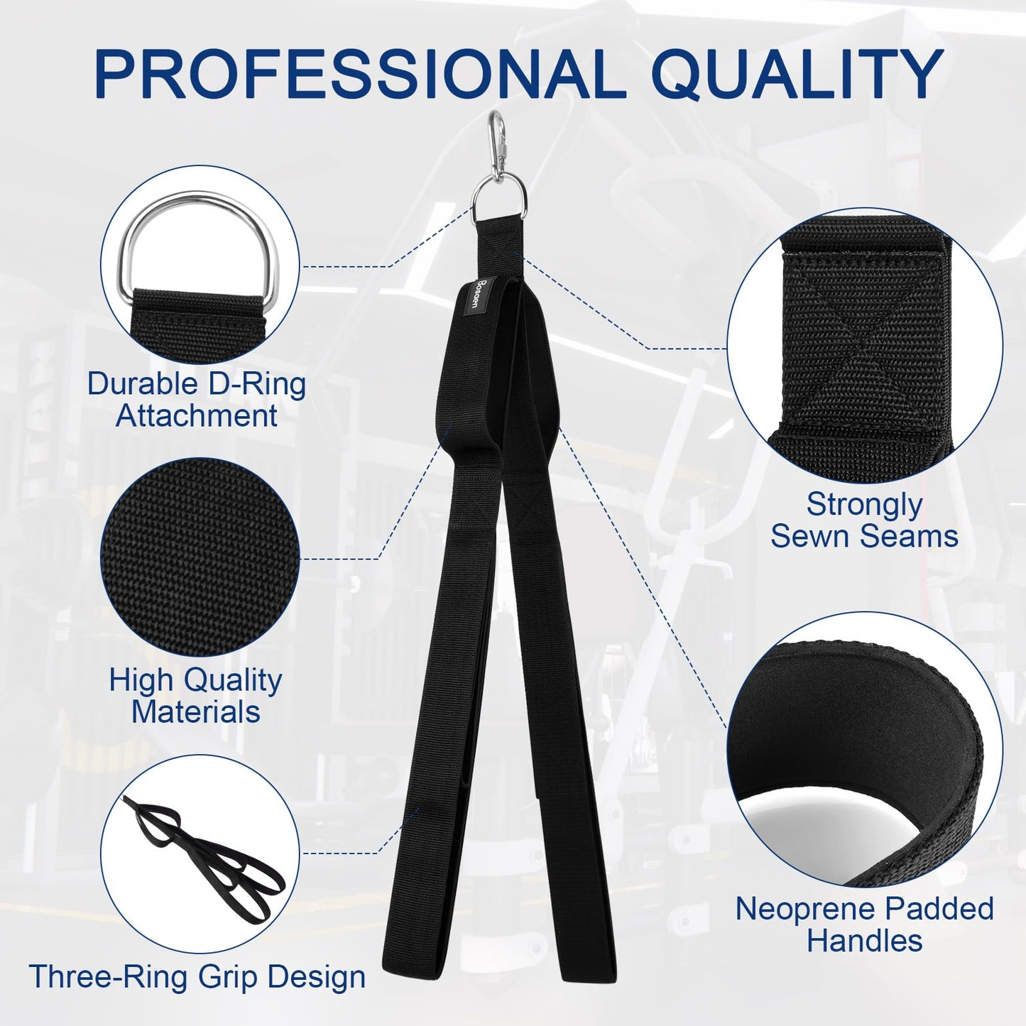 Bosaen Tricep Rope Cable Attachment, 3 Lengths of Handles in 1 Rope for Greater Range of Motion, Tricep Pull Down Rope for Push Downs, Crunches, Facepulls, Cable Overhead Presses for Professional Gym