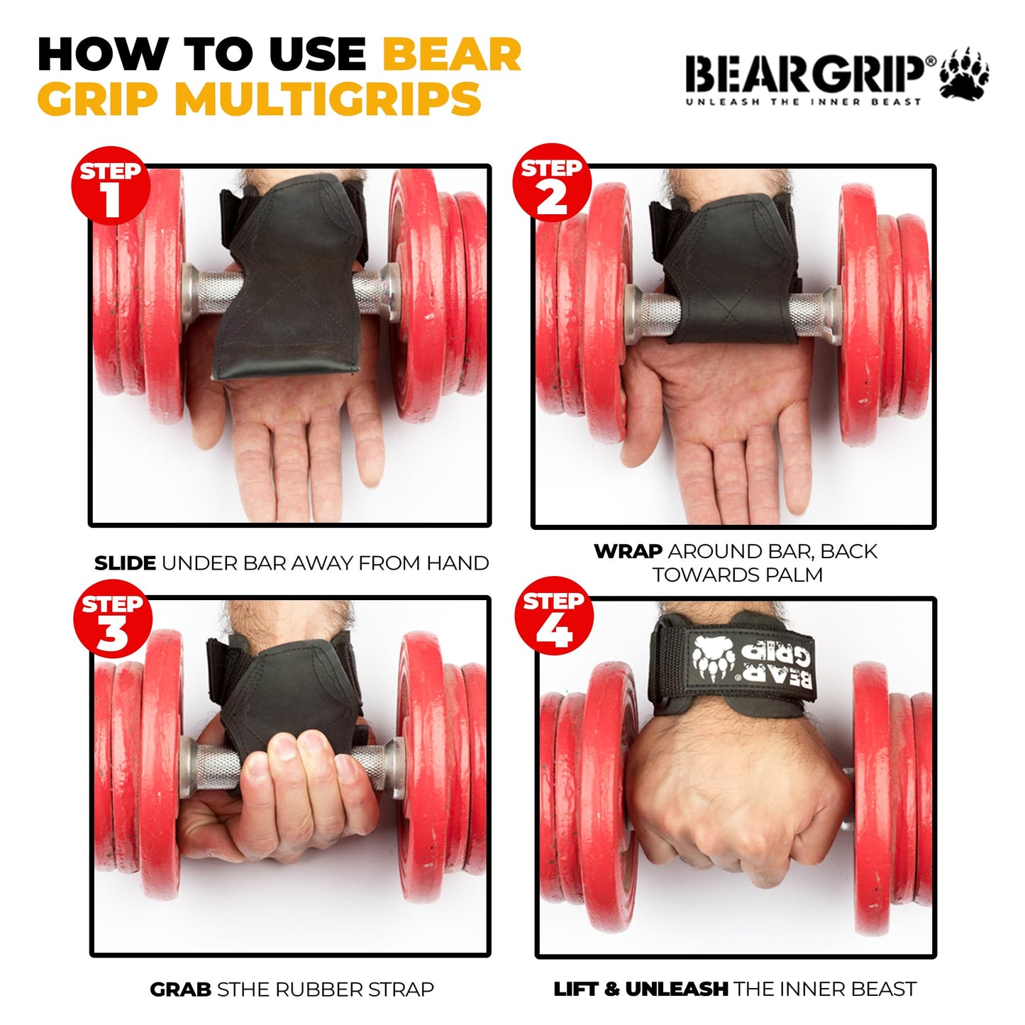 BEAR GRIP Multi Grip Straps/Hooks, Premium Heavy duty weight lifting straps/gloves