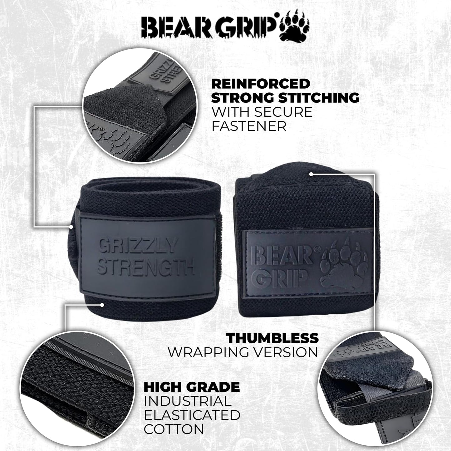 BEAR GRIP - Premium Heavy Duty Weight Lifting Wrist Wraps, Bodybuilding, Crossfit, Powerlifting, StrongMan