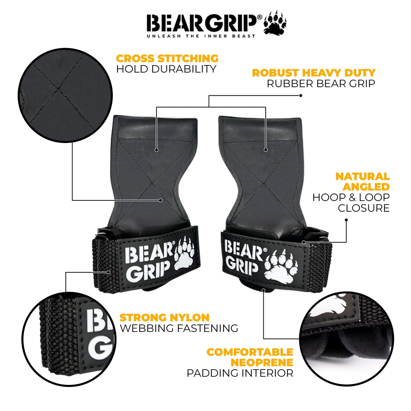BEAR GRIP Multi Grip Straps/Hooks, Premium Heavy duty weight lifting straps/gloves