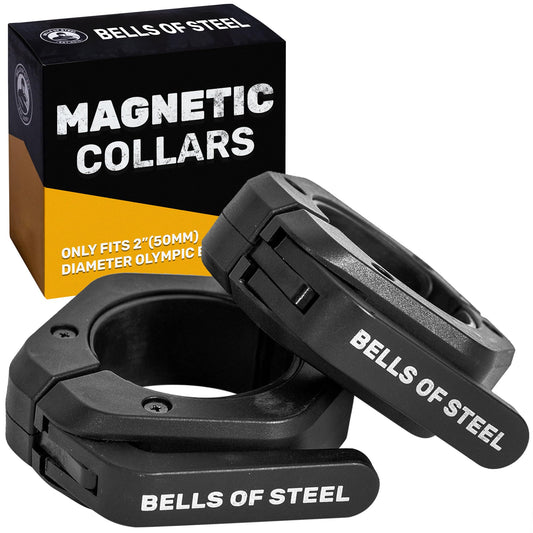 Magnetic Barbell Collars [Bells of Steel] Premium Weight Bar Clamps | Quick Release Barbell Clips, Olympic Barbell Clamps | Rubberized Gym Clips for Weightlifting Bar, Pair, Blue